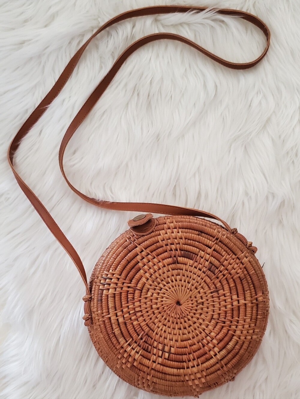 Handwoven Bali Rattan Round Tan Crossbody Bag Tropical Fabric Lined Lightweight